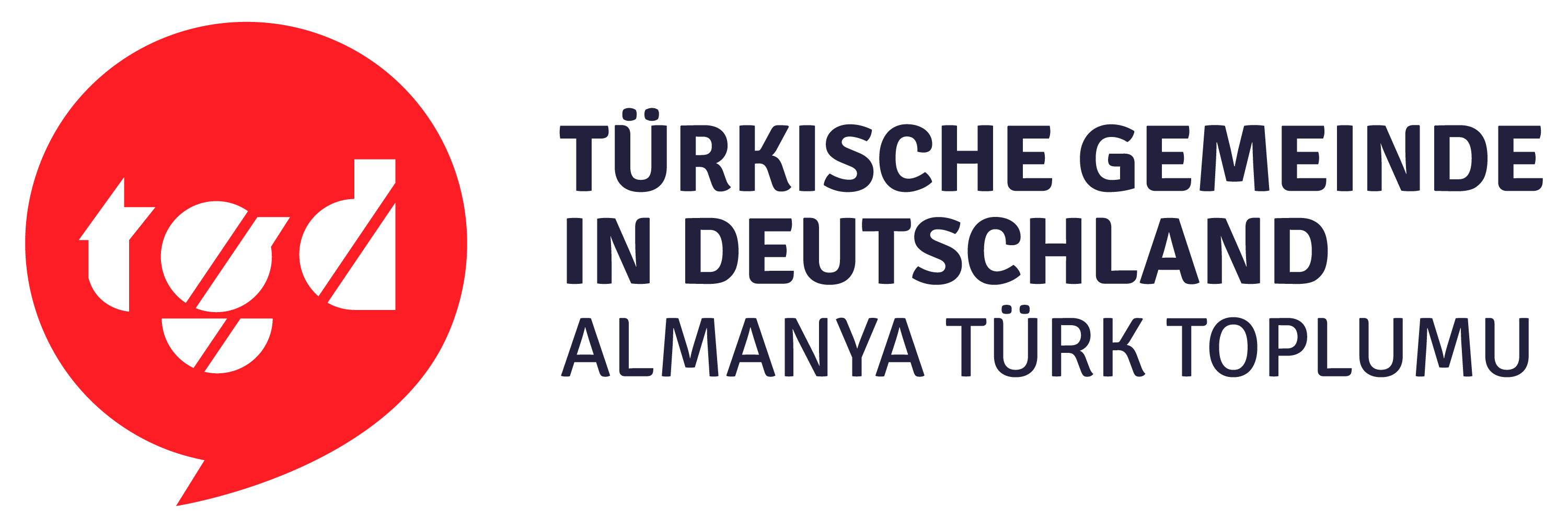 Links: rote sprechblase mit weißen Buchstaben tgd, rechts: Türkische Gemeinde in Deutschland